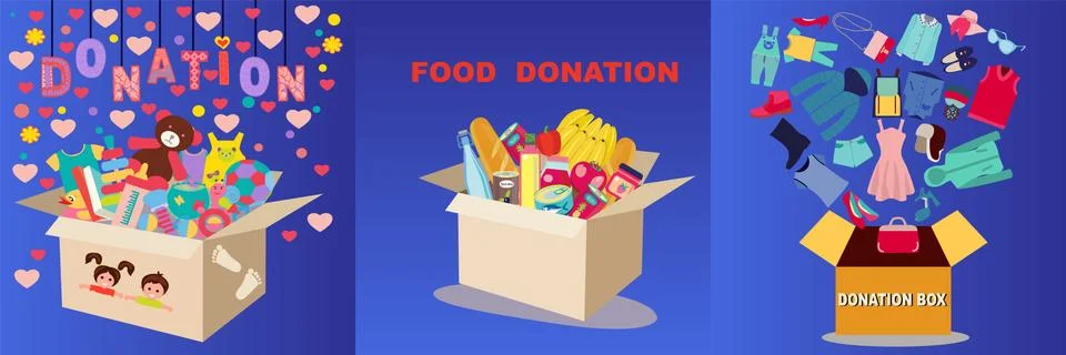 Set of Boxes with different type of donation Stock Illustration