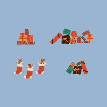 A set of boxes with gifts, preparing for the winter holidays. Gift packaging for Stock Illustration