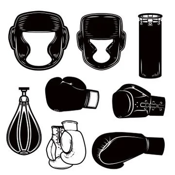 Set of boxing design elements. Boxer helmet, gloves, bags. Design element for Illustrazione stock