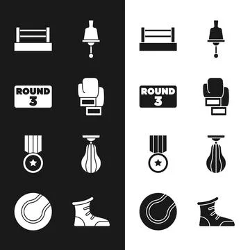 Set Boxing glove, ring board, Ringing bell, Medal, Punching bag, Sport boxi.. Illustrazione stock