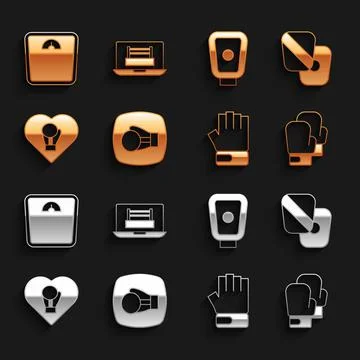 Set Boxing glove, training paws, MMA, Bathroom scales and ring icon. Vector Stock Illustration