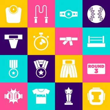 Set Boxing helmet, ring board, belt, Stopwatch, Groin guard, Bathroom scales and Stock Illustration