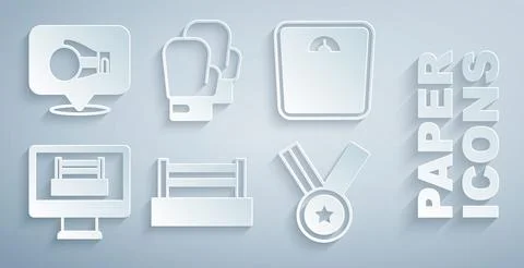 Set Boxing ring, Bathroom scales, Medal, glove and icon. Vector Illustrazione stock