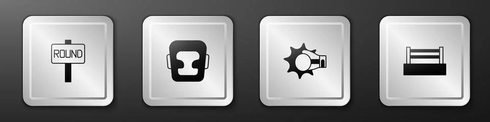 Set Boxing ring board, helmet, Punch boxing glove and  icon. Silver square .. Stock Illustration