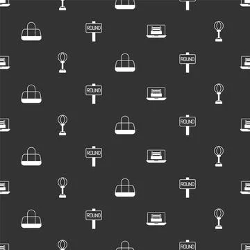 Set Boxing ring, Punching bag, Sport and board on seamless pattern. Vector Stock Illustration