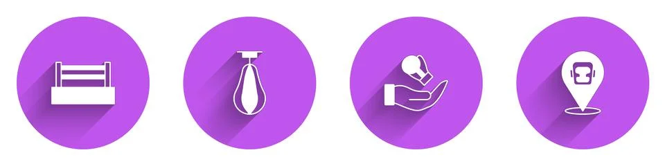 Set Boxing ring, Punching bag, glove and helmet icon with long shadow. Vector Illustrazione stock