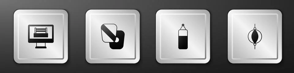 Set Boxing ring, training paws, Punching bag and icon. Silver square button 库存插图