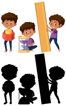 Set of a boy holding different math tools with silhouette Stock Illustration
