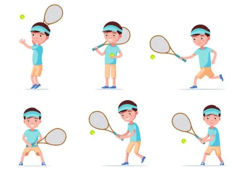 Set boy tennis player playing with racket and ball Stock Illustration