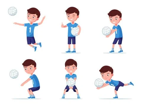 Set boy volleyball player in various poses Stock Illustration