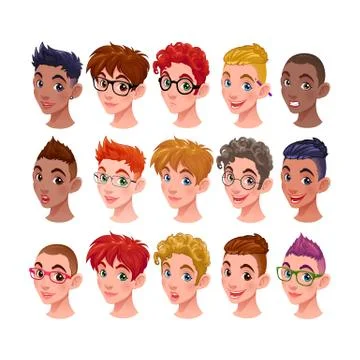 Set of boys with different hairstyles and accessories Stock Illustration