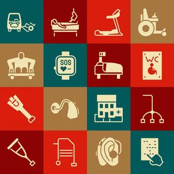 Set Braille, Walking stick cane, Separated toilet for disabled, Treadmill Stock Illustration