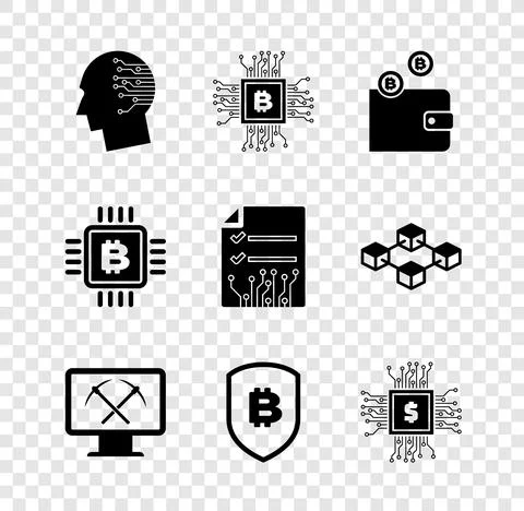 Set Brain as digital circuit board, CPU mining farm, Cryptocurrency wallet 스톡 일러스트