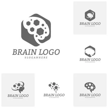 Set of Brain with Hexagon Logo Vector Template. Hexagon with Brain Mind Logo  Stock Illustration