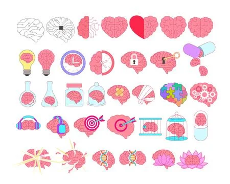 Set of Brain Icon Concept Set Collection Creative Mindset, Intelligence, Me.. Stock Illustration