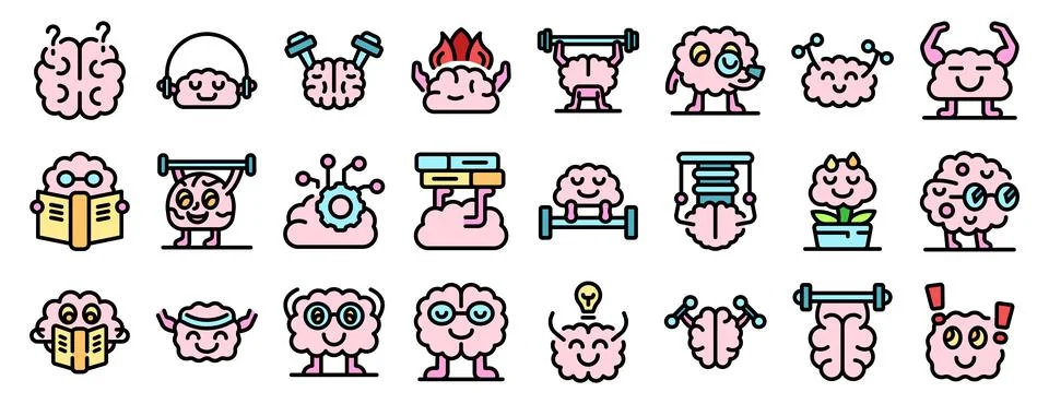 Set of brain training icons representing learning, studying, relaxing, exerci Stock Illustration