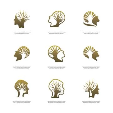 Set of Brain with Tree Logo Design Concept, People Head with Tree Logo - Vect Stock Illustration