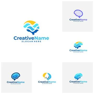 Set of Brain water logo design vector template, Creative mind water logo co.. Ilustración de archivo