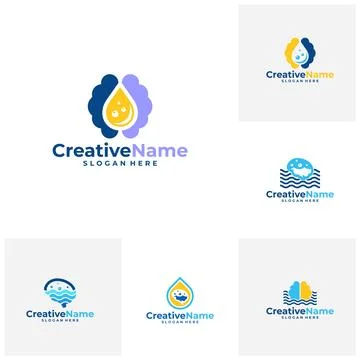 Set of Brain water logo design vector template, Creative mind water logo co.. Stock Illustration