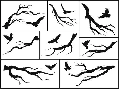 Set of branches and birds Stock Illustration