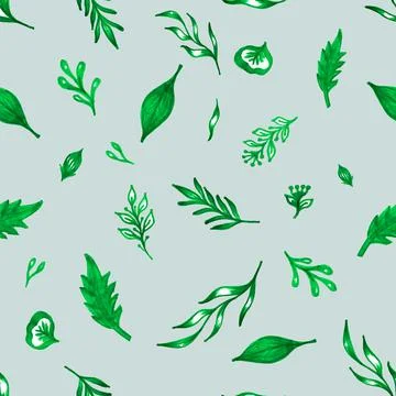 Set of branches with leaves on a blue background. Floral seamless pattern with Stock Illustration