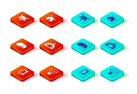 Set Brass knuckles, Box flying on parachute, Military beret, barracks, Bomb 스톡 일러스트