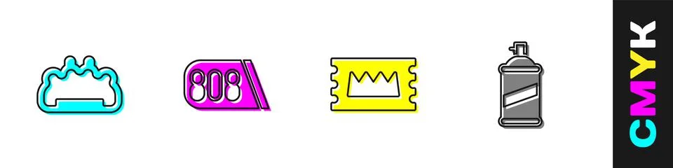Set Brass knuckles, Drum machine music, Concert ticket and Paint spray can ic Stock Illustration