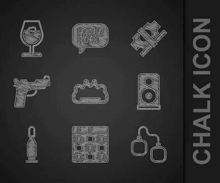 Set Brass knuckles, Drum machine music, Handcuffs, Stereo speaker, Bullet, .. Illustrazione stock