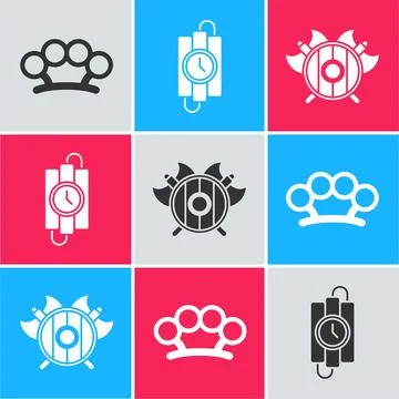 Set Brass knuckles, dynamite stick and timer clock and Medieval shield with c Stock Illustration