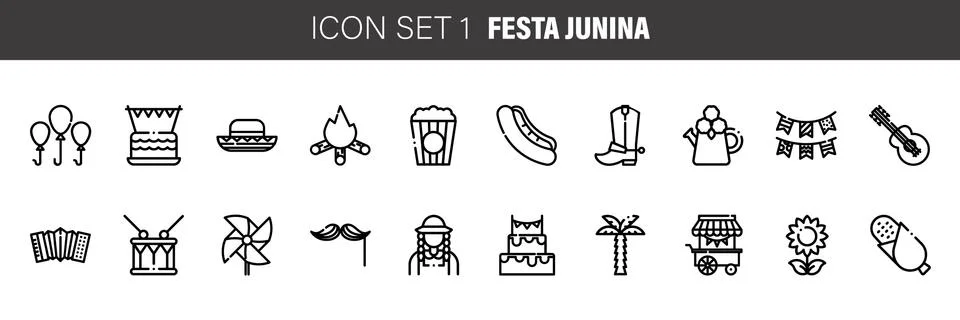 Set of Brazilian Traditional Celebration Festa Junina Icons Collection. Portu Stock Illustration