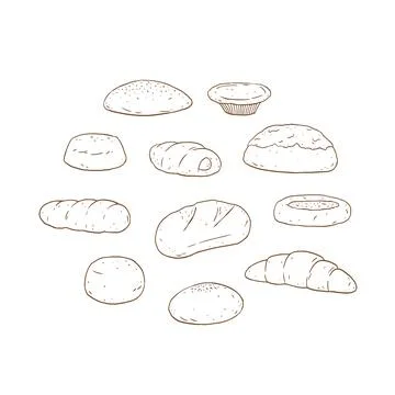 Set of bread and bakery product hand drawn vector illustration. Stock Illustration