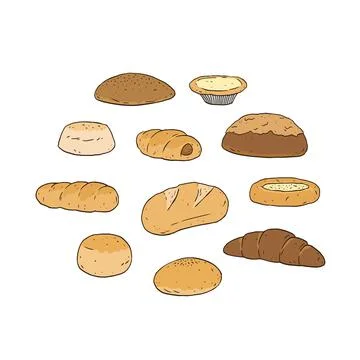 Set of bread and bakery product hand drawn vector illustration. Stock Illustration