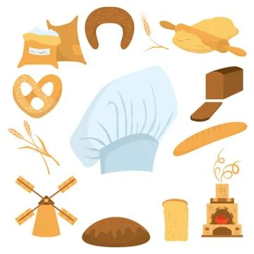 Set bread and icons isolated on white fone. Stock Illustration