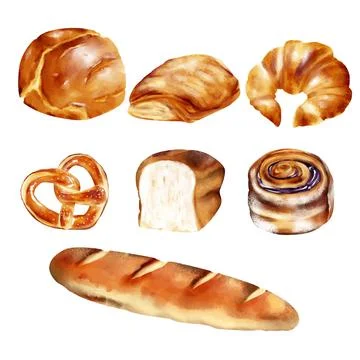 Set of bread and wheat pastry bakery watercolor painting vector illustration  Stock Illustration