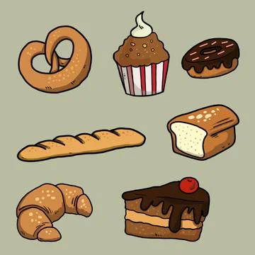 Set bread bakery cartoon on pastel green background Stock-Illustration