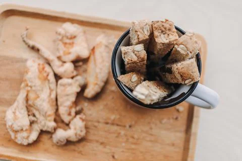 Set of bread chocolate dips with hot cocoa. Stock Photos