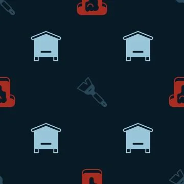 Set Bread with honey, Beekeeping brush and Hive for bees on seamless pattern Stock Illustration