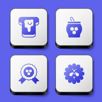 Set Bread with honey, Jar of and dipper stick, Honey award and Bee flower ico Stock Illustration