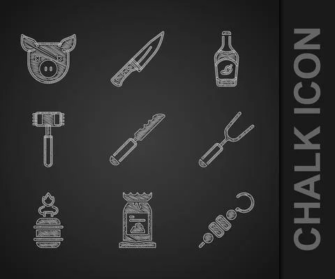 Set Bread knife, Barbecue coal bag, Grilled shish kebab, fork, Camping gas stove Stock Illustration