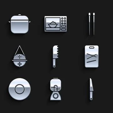Set Bread knife, Blender, Knife, Cutting board, Plate, Ball tea strainer, F.. Stock Illustration