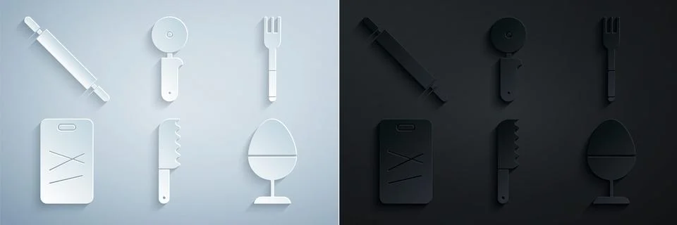 Set Bread knife, Fork, Cutting board, Chicken egg on stand, Pizza and Rolling Stock Illustration