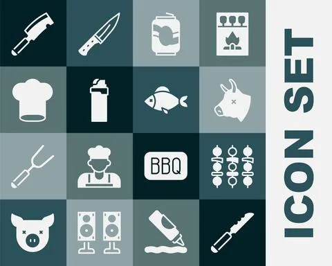 Set Bread knife, Grilled shish kebab, Cow head, Soda can, Lighter, Chef hat Stock Illustration