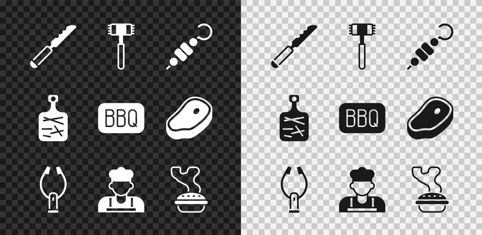 Set Bread knife, Kitchen hammer, Grilled shish kebab, Meat tongs, Cook, Homemade Stock Illustration