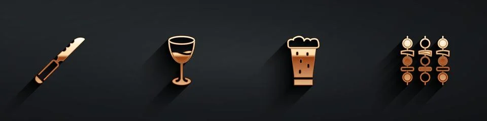 Set Bread knife, Wine glass, Glass of beer and Grilled shish kebab icon with Stock Illustration