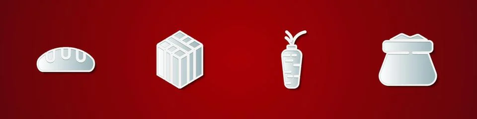 Set Bread loaf, Bale of hay, Carrot and Full sack icon. Vector Stock Illustration