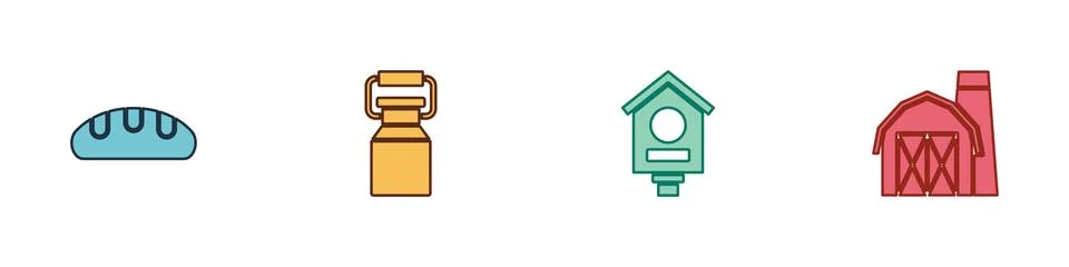 Set Bread loaf, Can container for milk, Bird house and Farm icon. Vector Stock Illustration
