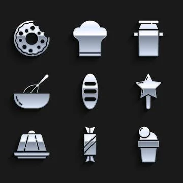 Set Bread loaf, Candy, Ice cream, Lollipop, Pudding custard, Kitchen whisk bowl Illustrazione stock