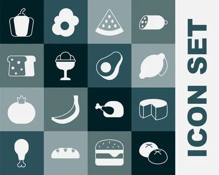 Set Bread loaf, Cheese, Lemon, Watermelon, Ice cream in the bowl, toast, Bell Illustrazione stock