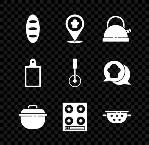 Set Bread loaf, Chef hat with location, Kettle handle, Cooking pot, Gas stove Stockillustratie