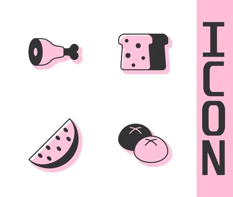 Set Bread loaf, Chicken leg, Watermelon and toast icon. Vector Stock Illustration